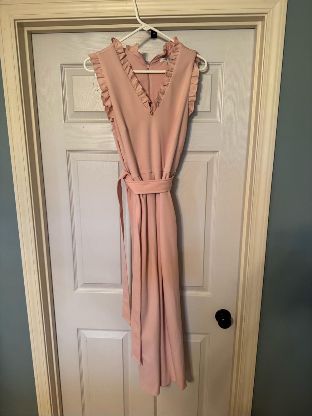 Sandra Darren Light Pink Ruffle V-Neck Jumpsuit with Waist Tie